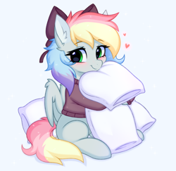 Size: 3600x3500 | Tagged: safe, artist:pesty_skillengton, oc, oc only, oc:blazey sketch, pegasus, pony, blushing, bow, clothes, cute, ear fluff, female, hair bow, heart, high res, hug, looking at you, mare, ocbetes, pegasus oc, pillow, pillow hug, simple background, sitting, sketch, smiling, smiling at you, solo, sweater, white background, wings