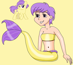 Size: 1017x906 | Tagged: safe, artist:ocean lover, berry sweet, earth pony, human, mermaid, pony, g4, background human, background pony, bandeau, bare midriff, bare shoulders, belly, belly button, female, fins, fish tail, friendship student, human coloration, humanized, light skin, looking at you, mermaid tail, mermaidized, midriff, ms paint, nightmare fuel, pose, purple eyes, purple hair, reference, short hair, simple background, sitting, sleeveless, solo, species swap, tail, tail fin, teenager, yellow background