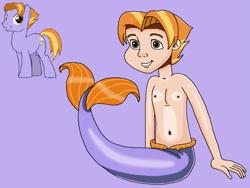 Size: 1013x760 | Tagged: safe, artist:ocean lover, auburn vision, earth pony, human, merboy, mermaid, merman, pony, g4, amber eyes, background human, background pony, bare shoulders, belly, belly button, fins, friendship student, human coloration, humanized, lavender background, light skin, looking at you, male, mermanized, ms paint, pose, reference, simple background, sitting, sleeveless, smiling, smiling at you, solo, species swap, tail, tail fin, teenager, two toned hair, yellow eyes