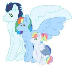 Size: 750x685 | Tagged: safe, artist:atumedagalaxy, rainbow dash, soarin', oc, oc:pastel cloud, pegasus, pony, g4, family, female, filly, foal, male, mare, offspring, parent:rainbow dash, parent:soarin', parents:soarindash, ship:soarindash, shipping, simple background, stallion, straight, white background