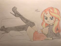 Size: 2048x1536 | Tagged: safe, artist:gibsterboy5, sunset shimmer, human, equestria girls, g4, boots, clothes, high heel boots, looking at you, lying down, microskirt, miniskirt, signature, skirt, solo, sunset shimmer day, sweater, thigh boots, thigh highs, trace, traditional art