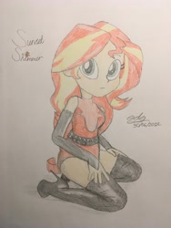 Size: 4032x3024 | Tagged: safe, artist:gibsterboy5, sunset shimmer, human, equestria girls, g4, belt, bodysuit, boots, clothes, high heel boots, looking at you, shoes, signature, solo, sunset shimmer day, superhero, thigh boots, trace, traditional art