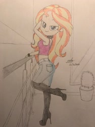 Size: 1536x2048 | Tagged: safe, artist:gibsterboy5, sunset shimmer, human, equestria girls, g4, balcony, boots, clothes, denim, high heel boots, jeans, looking at you, pants, paper, plant, railing, raised leg, shoes, signature, solo, sunset shimmer day, tank top, trace, traditional art, window