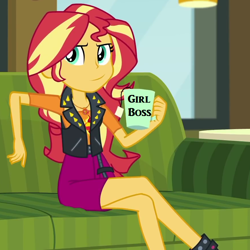 Size: 876x877 | Tagged: safe, artist:mlpfan3991, sunset shimmer, human, equestria girls, g4, my little pony equestria girls: better together, text support, text support: sunset shimmer, clothes, couch, female, geode of empathy, girl boss, magical geodes, mug, sitting, smug, smugset shimmer, solo, teabag, text