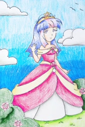 Size: 1907x2818 | Tagged: safe, artist:punisher2006, twilight sparkle, human, g4, big crown thingy, bush, clothes, cloud, crown, dress, element of magic, flower, grass, humanized, jewelry, pendant, regalia, shoulderless, sky, solo, traditional art, waving