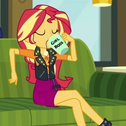 Size: 1024x1024 | Tagged: safe, artist:mlpfan3991, sunset shimmer, human, equestria girls, g4, my little pony equestria girls: better together, text support, text support: sunset shimmer, clothes, couch, drink, drinking, geode of empathy, girl boss, magical geodes, mug, sitting, solo, teabag, text