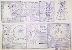 Size: 1947x1358 | Tagged: safe, artist:fude-chan-art, sweetie belle, human, equestria girls, g4, carriage, cinderella, clothes, dialogue, dress, excited, glass slipper (footwear), glass slippers, gown, humanized, princess costume, speech bubble, thought bubble, traditional art, transformation, transforming clothes