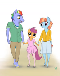 Size: 1280x1629 | Tagged: safe, artist:wulfruna, bow hothoof, scootaloo, windy whistles, anthro, g4, adopted, adopted offspring, ballerina, clothes, family, female, holding hands, male, parent:bow hothoof, parent:windy whistles, parents:windyhoof, scootadoption, scootalove, scootarina, skirt, smiling, trio