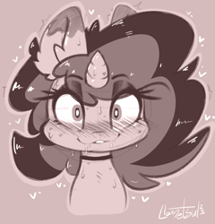 Size: 1158x1208 | Tagged: safe, artist:llametsul, oc, oc only, oc:creme cookie, pony, unicorn, :3, blushing, blushing profusely, choker, eyeshadow, female, grin, looking at you, makeup, monochrome, smiling, solo, stare