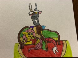 Size: 4032x3024 | Tagged: safe, artist:turboshemp, discord, fluttershy, g4, book, couch, drawing, duo, duo male and female, female, irl, male, photo, reading, reading together, together, traditional art