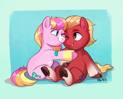 Size: 3687x2974 | Tagged: safe, artist:birdoffnorth, sprout cloverleaf, oc, oc:malarkey, earth pony, pony, g5, canon x oc, colt, colt sprout cloverleaf, duo, foal, high res, male, non gay sprout, shipping, younger