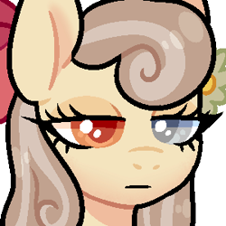 Size: 300x300 | Tagged: artist needed, safe, oc, oc only, oc:dandelion "buttercup", pony, blank expression, bow, close-up, emotionless, flower, flower in hair, glass eye, hair bow, heterochromia, simple background, solo, transparent background, uninterested