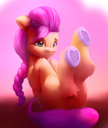 Size: 1720x2039 | Tagged: safe, artist:itssim, sunny starscout, earth pony, pony, g5, butt, cute, eyebrows, female, fluffy, hoof heart, mare, plot, solo, sunnybetes, underhoof, unshorn fetlocks