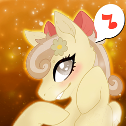 Size: 2048x2048 | Tagged: source needed, safe, artist:alitatoe, oc, oc only, oc:dandelion "buttercup", pony, bow, bust, flower, flower in hair, glass eye, hair bow, heart, heart eyes, high res, music notes, smiling, solo, sparkles, teeth, wingding eyes