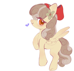 Size: 1348x1288 | Tagged: artist needed, source needed, safe, oc, oc only, oc:dandelion "buttercup", pegasus, pony, bow, flower, flower in hair, full body, hair bow, hoof on chest, missing cutie mark, simple background, smiling, solo, white background