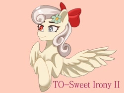Size: 1242x931 | Tagged: artist needed, source needed, safe, oc, oc only, oc:dandelion "buttercup", pegasus, pony, bow, bust, crossed arms, eyebrows, eyebrows visible through hair, flower, flower in hair, gift art, glass eye, hair bow, heterochromia, red background, simple background, solo, thousand yard stare