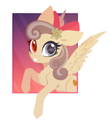 Size: 2656x3000 | Tagged: safe, artist:belka-sempai, oc, oc only, oc:dandelion "buttercup", pegasus, pony, bow, flower, flower in hair, glass eye, hair bow, heterochromia, high res, looking at you, simple background, smiling, smiling at you, solo, transparent background