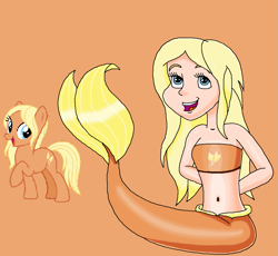 Size: 951x874 | Tagged: safe, artist:ocean lover, amber grain, earth pony, human, mermaid, pony, g4, arm behind back, background human, background pony, bandeau, bare midriff, bare shoulders, beautiful, belly, belly button, blonde hair, blue eyes, cheerful, clothes, curvy, cutie mark on clothes, fins, fish tail, friendship student, hourglass figure, human coloration, humanized, innocent, light skin, long hair, looking up, mermaid tail, mermaidized, midriff, ms paint, open mouth, open smile, orange background, orange tail, pose, pretty, reference, simple background, sitting, sleeveless, smiling, species swap, tail, tail fin, teenager