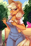 Size: 1650x2400 | Tagged: safe, artist:shadowreindeer, apple bloom, applejack, anthro, :p, blushing, clothes, overalls, tongue out, tree