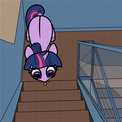 Size: 1300x1300 | Tagged: safe, artist:scandianon, twilight sparkle, pony, unicorn, g4, :p, behaving like a cat, dock, ears back, female, glass, high angle, hoers, hooves, indoors, looking down, mare, rectangular pupil, solo, spine, staircase, stairs, tail, tongue out, twilight cat, unicorn twilight, whiskers