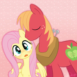 Size: 750x750 | Tagged: safe, alternate version, artist:fangthehedgebat, big macintosh, fluttershy, earth pony, pegasus, pony, g4, blushing, colored, cute, female, flat colors, hnnng, kissing, male, mare, ship:fluttermac, shipping, stallion, straight, surprised