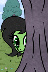 Size: 1000x1500 | Tagged: safe, artist:scandianon, oc, oc only, oc:filly anon, pony, g4, female, filly, flower, foal, frown, grass, looking at you, outdoors, peeking, solo, tree