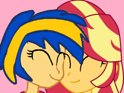 Size: 600x451 | Tagged: safe, artist:mlpfan3991, sunset shimmer, oc, oc only, oc:flare spark, human, equestria girls, g4, eyes closed, female, lesbian, ship:flareset, smiling, this will end in kisses