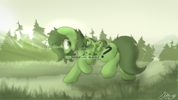 Size: 1920x1080 | Tagged: safe, artist:ricy, oc, oc:anon stallion, oc:anon-mare, earth pony, pony, crepuscular rays, female, forest, grass, looking at each other, looking at someone, macro, male, mare, micro, mountain, raised hoof, singing, size difference, smaller male, stallion, tail, walking