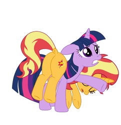 Size: 1985x2051 | Tagged: safe, artist:gmaplay, sunset shimmer, twilight sparkle, alicorn, pony, unicorn, equestria girls, g4, bunset shimmer, butt, dock, plot, simple background, sunset shimmer day, tail, transparent background, twilight sparkle (alicorn), unconscious