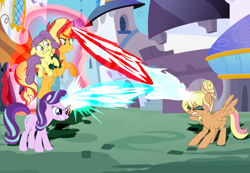 Size: 4185x2900 | Tagged: safe, artist:gmaplay, chestnut magnifico, lily pad (g4), starlight glimmer, sunset shimmer, alicorn, pony, unicorn, comic:the tale of two sunsets, equestria girls, g4, blast, butt, duel, female, fight, magic, magic beam, magic blast, mare, plot, tribute