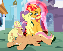 Size: 4221x3407 | Tagged: safe, artist:gmaplay, chestnut magnifico, lily pad (g4), sunset shimmer, alicorn, pony, unicorn, comic:the tale of two sunsets, equestria girls, g4, broken horn, butt, female, horn, mare, plot