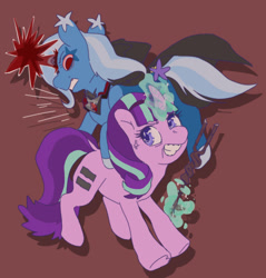 Size: 540x566 | Tagged: source needed, safe, artist:fflaminlo, starlight glimmer, trixie, pony, unicorn, g4, alicorn amulet, angry, antagonist, brown background, duo, duo female, evil, female, fight, jewelry, necklace, s5 starlight, shipping, simple background, staff, staff of sameness, villainess