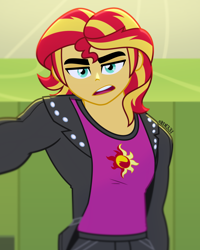 Size: 1600x2000 | Tagged: safe, artist:orin331, sunset shimmer, human, equestria girls, g4, canterlot high, clothes, cutie mark on clothes, equestria guys, handsome, jacket, kabedon, leather, leather jacket, lockers, looking at you, male, offscreen character, pov, rule 63, shirt, solo, sunset glare, sunset shimmer day