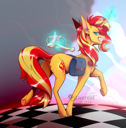 Size: 1812x1836 | Tagged: safe, artist:luzreal, sunset shimmer, pony, unicorn, equestria girls, g4, my little pony equestria girls, 2023, aura, bag, butt, crown, dock, evil, evil grin, female, green eyes, grin, jewelry, plot, regalia, saddle bag, smiling, solo, sunset shimmer day, tail, underhoof
