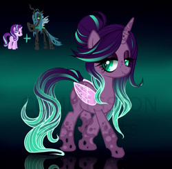 Size: 1280x1256 | Tagged: safe, artist:stardust-pony, oc, changepony, hybrid, 2021, fangs, female, gradient background, interspecies offspring, magical lesbian spawn, next generation, offspring, parent:queen chrysalis, parent:starlight glimmer, parents:glimmerlis, purple body, reflection, smiling, solo, two toned mane