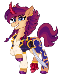 Size: 2200x2700 | Tagged: safe, artist:pink-pone, oc, oc only, oc:ruby cutlass, pony, unicorn, braid, crystal horn, female, high res, horn, mare, simple background, solo, sword, transparent background, weapon