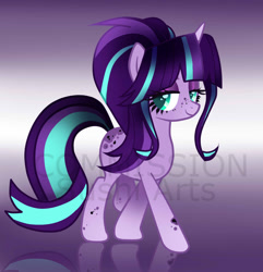 Size: 1235x1280 | Tagged: safe, artist:stardust-pony, oc, oc only, pony, unicorn, 2021, female, gradient background, magical lesbian spawn, next generation, offspring, parent:starlight glimmer, parent:twilight sparkle, parents:twistarlight, reflection, solo, watermark