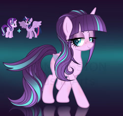 Size: 1280x1208 | Tagged: safe, artist:sush-adopts, starlight glimmer, twilight sparkle, oc, oc only, alicorn, pony, g4, 2021, colored wings, commission, female, freckles, gradient background, lidded eyes, magical lesbian spawn, next generation, offspring, parent:starlight glimmer, parent:twilight sparkle, parents:twistarlight, reflection, smiling, twilight sparkle (alicorn), watermark, wings