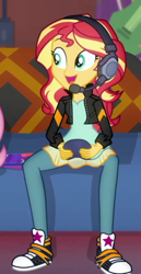 Size: 272x528 | Tagged: safe, screencap, sunset shimmer, human, equestria girls, g4, game stream, my little pony equestria girls: better together, clothes, controller, couch, cropped, cute, dress, gamer sunset, headphones, jacket, leather, leather jacket, pants, shimmerbetes, solo, sunset's apartment, trainers