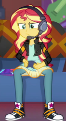 Size: 286x522 | Tagged: safe, screencap, sunset shimmer, human, equestria girls, g4, game stream, my little pony equestria girls: better together, clothes, controller, couch, cropped, dress, focused, gamer sunset, headphones, jacket, leather, leather jacket, pants, solo, sunset's apartment, trainers
