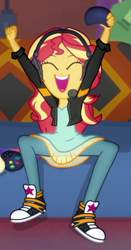Size: 259x495 | Tagged: safe, screencap, sunset shimmer, human, equestria girls, g4, game stream, spoiler:eqg series (season 2), blouse, clothes, controller, couch, cropped, cute, denim, dress, gamer sunset, happy, headphones, jacket, jeans, leather, leather jacket, pants, shimmerbetes, solo focus, sunset's apartment, trainers