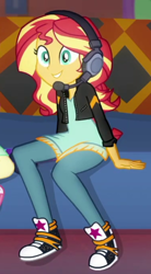 Size: 251x456 | Tagged: safe, screencap, sunset shimmer, human, equestria girls, g4, game stream, my little pony equestria girls: better together, clothes, couch, cropped, cute, dress, gamer sunset, headphones, jacket, leather, leather jacket, pants, shimmerbetes, smiling, solo focus, sunset's apartment, trainers