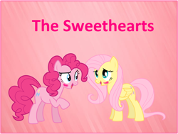 Size: 972x734 | Tagged: safe, fluttershy, pinkie pie, earth pony, pegasus, pony, g4, blushing, cute, diapinkes, duo, female, lesbian, pink background, poster, ship:flutterpie, shipping, shyabetes, the sweethearts