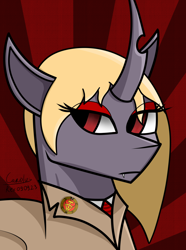 Size: 1248x1680 | Tagged: safe, artist:hno3, oc, oc only, oc:queen helvia, changeling, changeling queen, equestria at war mod, equestria rises still (equestria at war submod), bust, changeling oc, changeling queen oc, clothes, female, gradient background, necktie, portrait, red eyes, solo, uniform, yellow mane