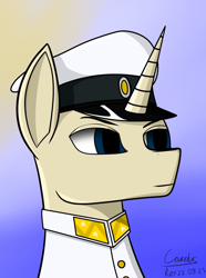 Size: 1248x1680 | Tagged: safe, artist:hno3, oc, oc only, pony, unicorn, equestria at war mod, equestria rises still (equestria at war submod), blue eyes, bust, clothes, gradient background, hat, horn, male, portrait, stallion, unicorn oc, uniform