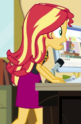 Size: 379x578 | Tagged: safe, screencap, applejack, sunset shimmer, human, equestria girls, g4, my little pony equestria girls: better together, schedule swap, belt, clothes, collar, computer, cropped, denim, denim skirt, desk, female, freckles, hair, jacket, leather, leather jacket, microphone, paper, ponytail, shirt, skirt, solo focus, t-shirt, teenager, top, youtube video