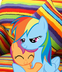 Size: 539x617 | Tagged: artist needed, safe, rainbow dash, scootaloo, pegasus, pony, g4, ^^, cute, cutealoo, dashabetes, duo, eyes closed, female, filly, foal, hug, mare, rainbow couch, scootalove, sibling love, siblings, sisterly love, sisters, smiling, winghug, wings