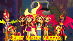 Size: 3840x2160 | Tagged: safe, artist:fazbearsparkle, sunset shimmer, demon, human, pony, unicorn, equestria girls, g4, 3d, clothes, daydream shimmer, female, high res, human ponidox, multeity, outfits, self paradox, self ponidox, shimmerstorm, solo, source filmmaker, sunset satan, sunset's apartment