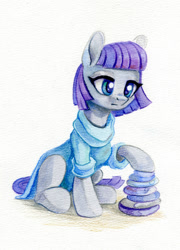 Size: 719x1000 | Tagged: safe, artist:maytee, maud pie, earth pony, pony, g4, clothes, rock, solo, traditional art, watercolor painting