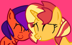 Size: 582x362 | Tagged: safe, artist:jadeharmony, sunset shimmer, oc, oc:jade harmony, g4, ^^, canon x oc, eyes closed, female, lesbian, nuzzling, pink background, shipping, simple background